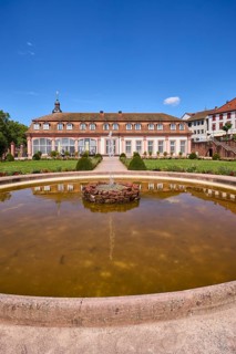 Pleasure garden, orangery, fountain, lawn, flower bed, path, sand, blue sky, Erbach, Odenwald,