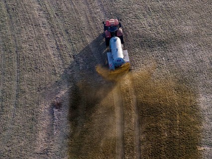 Tractor, slurry tank, manure, agriculture, aerial view, foothills of the Alps, Bavaria, Germany