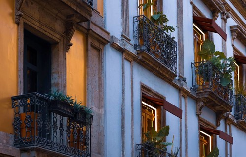 Mexico City streets in historic center Zocalo. Typical mexican architecture