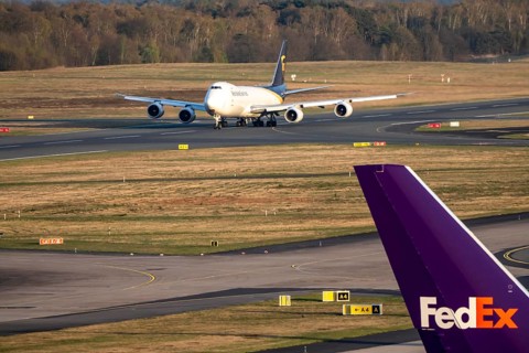 UPS cargo plane, Boeing 747-8F, jumbo jet, taking off from Cologne-Bonn Airport, CGN, North