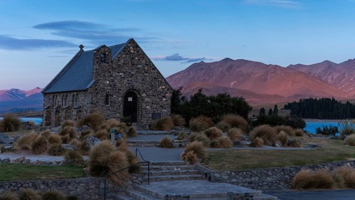 The small church The Church of the Good Shepherd on Lake Tekapo at sunset. Canterbury, South