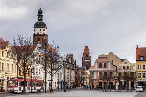 Renovated houses on the old market in the old town, Cottbus, Brandenburg, Germany
