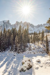 Beautiful landscape of the Mountain silhouettes of the Sexten Dolomites on a sunny winter day,
