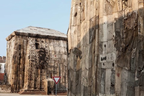 Torwache wrapped with old jute sacks, Check Point Sekondi Loco, by artist Ibrahim Mahama, documenta