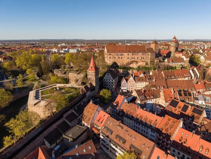 Aerial view of Nuremberg's old town with the historic Kaiserburg, on the left the historic city