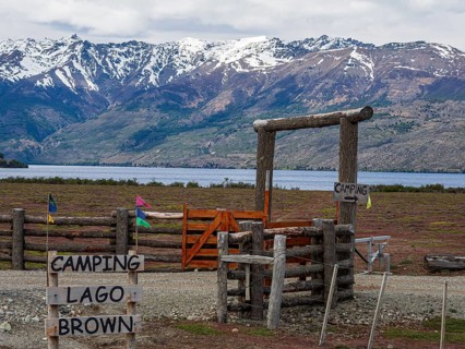 Campground at lake Lago Brown, at road X-901, south of Cochrane, Patagonia, Chile