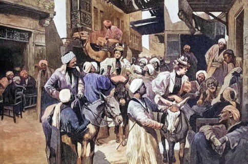 Street trading in Cairo, Egypt, coloured wood engraving, reproduction of an original from ca 1888,