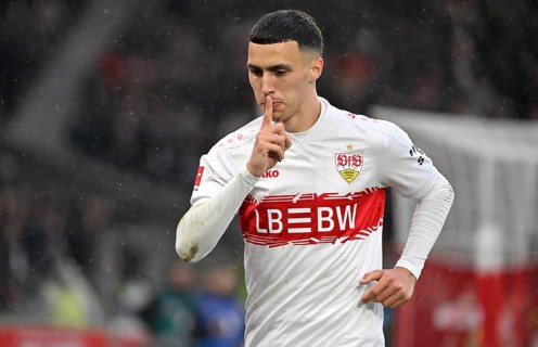 Goal celebration Bilal El Khannouss VfB Stuttgart (11) Gesture Gesture Finger on mouth Football