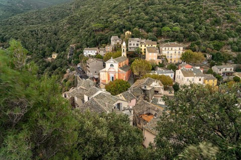 Nonza and Ste-Julie church seen from above, Cap Corse, Corsica, France