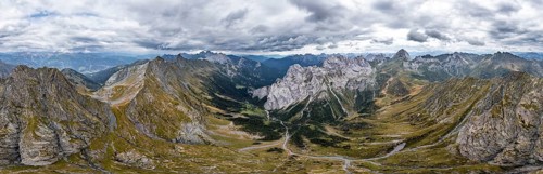 Aerial view, Alpine panorama, Raudenspitze and Carnic High Trail, Carnic Main Ridge, Carnic Alps,