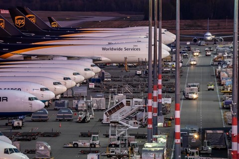 Cologne-Bonn airport, CGN, air freight center, UPS Logisic Hub, UPS cargo aircraft on the apron,