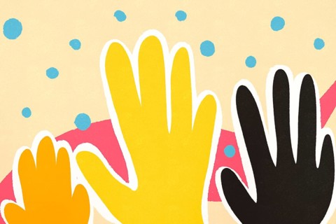 Abstract illustration featuring silhouettes of various hands in pastel-toned vibrant backdrops with