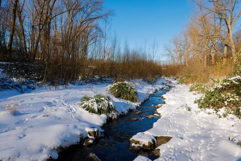 Bochum, North Rhine-Westphalia, Germany - Sunny winter landscape in the Ruhr area, ice and snow on