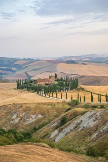 Typical Tuscan landscape in Crete Senesi with hills, trees, fields, cypresses and farm road in