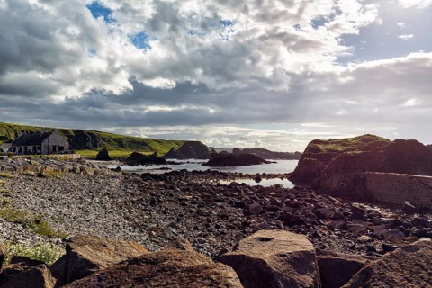 Rocky coast, coastline, sunlight, Ballintoy Harbour, Causeway Coastal Route, Antrim, Northern
