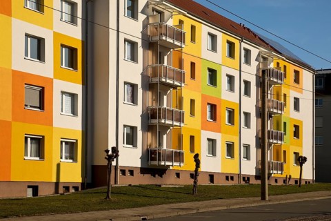 Geometrically and colourfully designed apartment buildings of a housing association, Halberstadt,