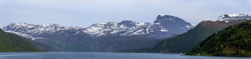 Panorama of Mountains and Fiord over Norwegian Village, Olden, Innvikfjorden, Norway