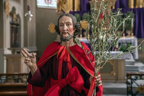 Detail of the Palmesel decorated for the Palmesel procession, tradition since the 18th century,