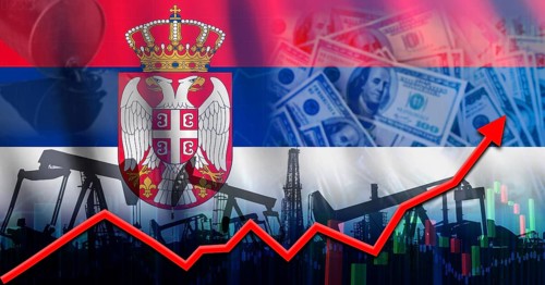 Oil production with Serbia flag. Oil pumps with Serbian flag