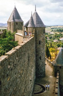 Walls, ramparts, towers of Chateau Carcassonne, Aude region, France 1964