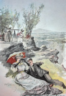 Young couple in the summer resort in the Harz mountains, here the view from the Hexentanzplatz to