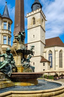 Old Anger Fountain and St Wigbert's Church on the Anger in Erfurt, Thuringia, Germany
