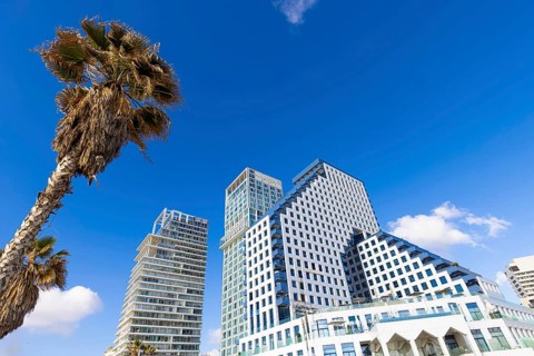 Scenic Tel Aviv coastline seashore promenade with hotels and beaches near Old Jaffa port