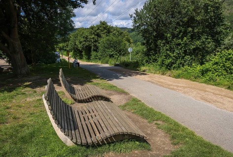 Hagen, North Rhine-Westphalia, Germany - benches on the Ruhr Valley cycle path on Lake Hengstey,