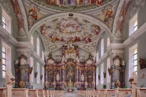 Nave, altar, ceiling painting, interior photograph, St. George Catholic Parish Church, Neustift,