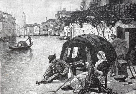 Lovers' advertisement in Venice, a young couple sitting by the canal, 1890, Italy, digital