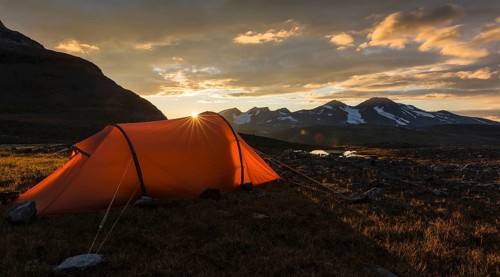 Tent in mountain landscape, Sarek National Park, World Heritage Laponia, Norrbotten, Lapland,