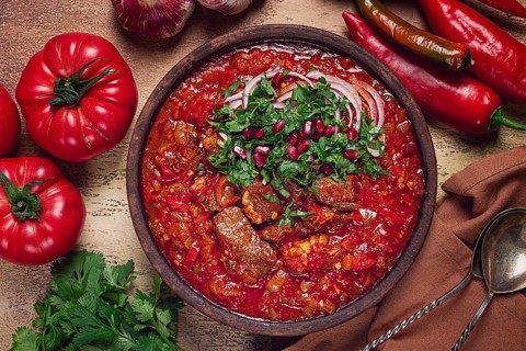 Chashushuli, a traditional Georgian dish, spicy, stewed meat with tomatoes and spices, homemade, no