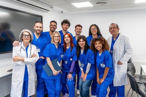 Diverse group of smiling healthcare professionals and students in scrubs and white coats, standing