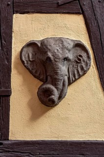 Head of elephant, sculpture modelled in clay by carver and sculptor Ulrich Seidenberg, Cafe and