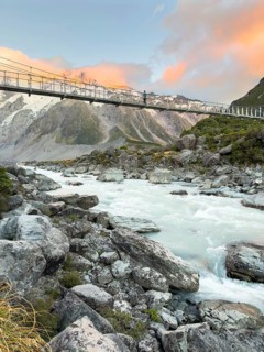 Suspension bridge on the Hooker Valley Track hiking trail, Mount Cook National Park, South Island,