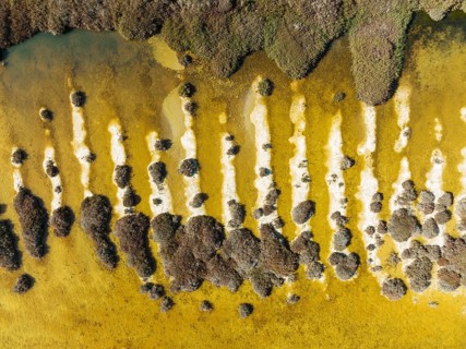 Sandbanks at the shallow lagoon Salinas de Cerrillos, aerial view, drone shot, Almería province,