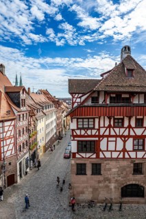 Albrecht Dürer House and Albrecht Dürer Street with half-timbered houses, Old Town, Nuremberg,