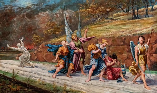 Lot's escape from Sodom, biblical story, painting by Jean-Baptiste Cariven (1843 to 1904, French