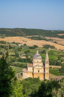 Typical Tuscan landscape, Montepulciano village with San Biagio Renaissance Church in autumn,
