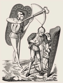Crossbow men being protected by pavise-bearer, 15th century