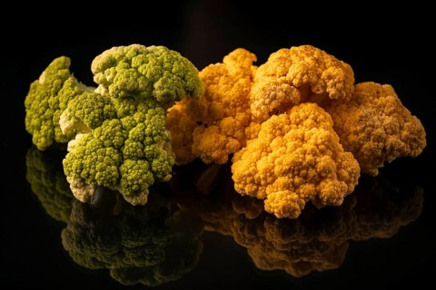 Yellow and green cauliflower on black background with reflection