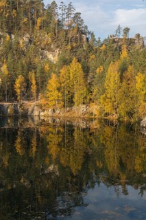 Adršpašské pond, lakeshore with trees and rocks on a sunny day in autumn, Dolní Adršpach, 549 57