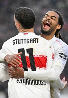 Goal celebration Bilal El Khannouss VfB Stuttgart (11) Lorenz Assignon VfB Stuttgart (22) Soccer