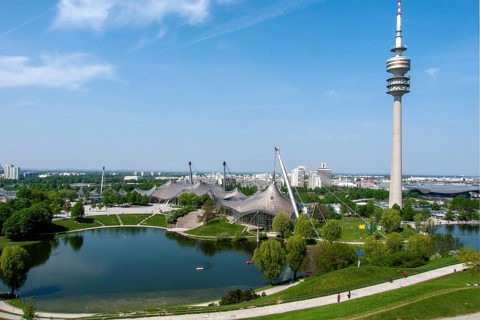 View from the Olympiaberg to the Olympic Lake, Olympic Tower, Olympic Hall, Olympic Swimming Pool,