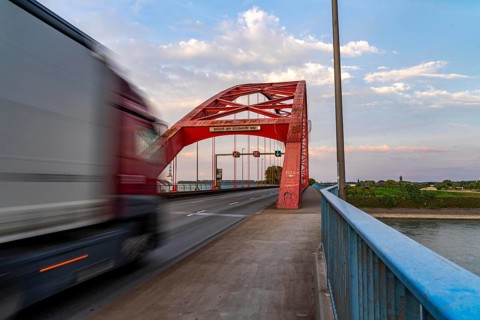 The Bridge of Solidarity, the longest tied-arch bridge in Germany, over the Rhine from