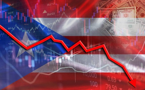 Puerto Rico financial fall on economy market. Puerto Rican financial crisis on economic graph