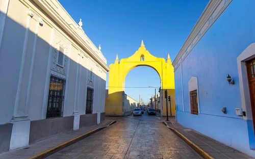 Scenic colorful colonial Merida streets in Mexico, Yucatan
