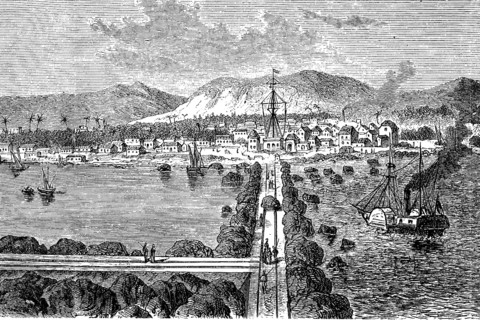 The harbour of St. Pierre on Reunion Island in 1880, Historical, digital reproduction of an