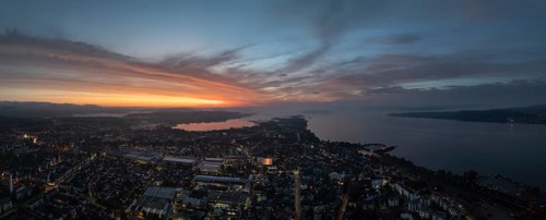 Aerial view, panorama of the town of Radolfzell on Lake Constance in front of sunrise, district of