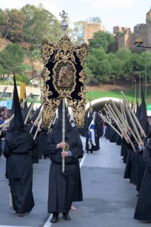 Good Friday procession, busman with candles and standard, Nazarenes, Malaga, Spain